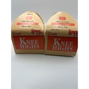 L'Eggs Knee High Sheer Toe‎ Stockings 2 Pair Off Black Off White Vintage 90s